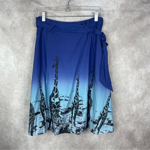 Odille x Anthropologie Archive Giraffe Print Midi Skirt W/Tie In Blue Size 2 - Picture 2 of 8